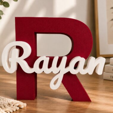 Custom two-sided personalized name board, 3D printed in Dubai, featuring the name Rayan.