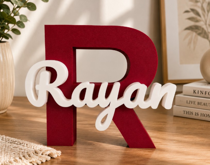 Personalized monogram name sign with red initial "R" and white name "Rayyan" for custom gifts