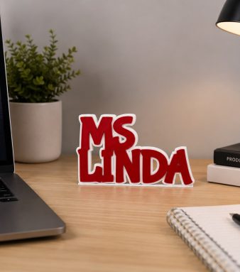 Personalized 3D desk name sign reading "MS LINDA" showcasing custom name boards from Forjolie.dxb.