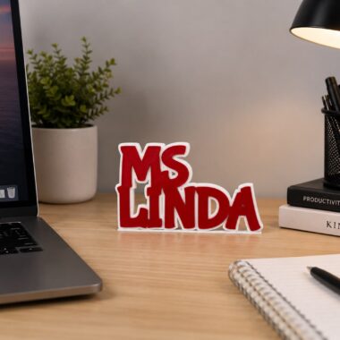 Personalized name board sign with "Ms. Linda" in red, a custom gift from Forjolie in