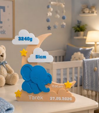 Personalized baby birth sign with name and weight details, decorative moon and elephant design.