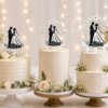 Forjolie wedding couple silhouette cake topper on tiered white wedding cakes