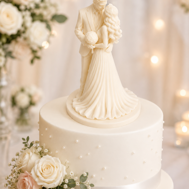 Elegant bride and groom cake topper on a tiered cake with floral decorations.