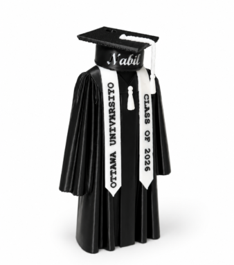 Personalized graduation figurine with name and university details, designed and printed in Dubai.
