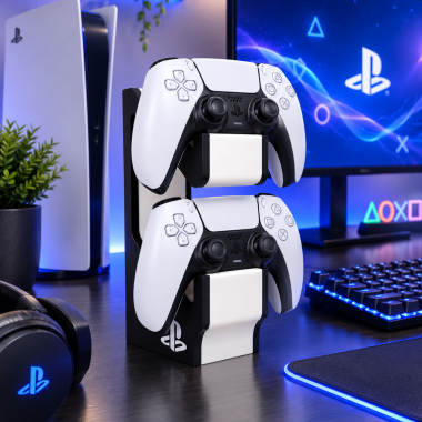 Custom PS5 Dual Controller Stand in white, gaming accessory for desks and workspaces, handmade in