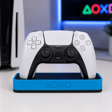 3D printed headphone stand displaying a PS5 controller, customizable color options, Dubai-made gaming accessory.