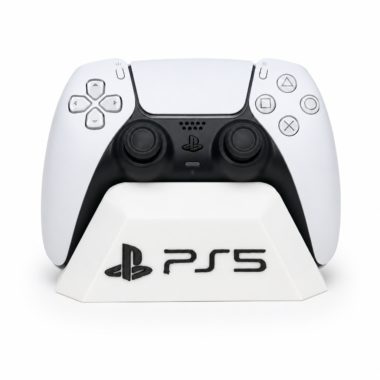 3D printed headphone stand displaying a white PS5 controller, customizable color options available from Forjolie.ae