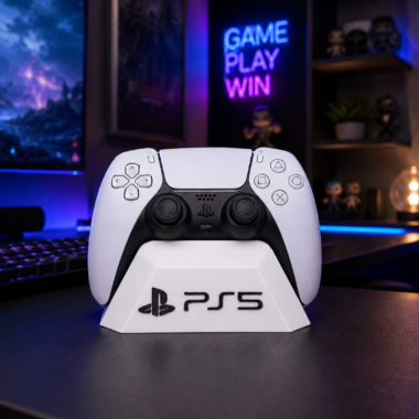 3D printed headphone stand displaying a white PS5 controller, gaming accessory from Forjolie.ae