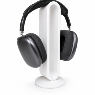 3D printed headphone stand in white, displaying headphones for gaming accessories