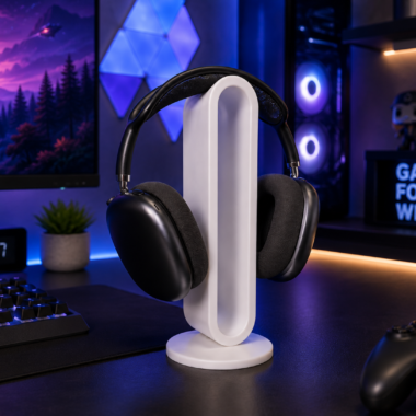 3D printed headphone stand in white, supporting headphones, gaming accessory for desks.