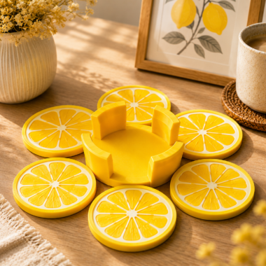Citrus coasters with holder, lemon-themed home decor from Forjolie Dubai.