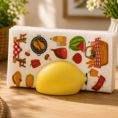 Lemon napkin holder with decorative picnic-themed napkins.