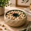 Forjolie wooden nut bowl filled with pistachios on a table with books and greenery