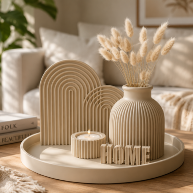 Modern home decor set with geometric accents and decorative vase, featuring "HOME" lettering.