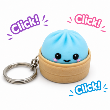 Blue dumpling clicker keychain, 3D printed PLA, flexible and durable gift from Forjolie.