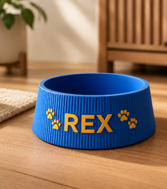 Personalized 3D printed pet bowl with "Rex" name and paw print design.