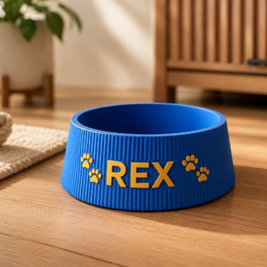 Personalized 3D printed pet bowl with "Rex" name and paw print design.