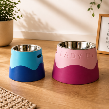 Personalized 3D printed pet bowls in blue and pink, custom name design.