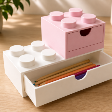 Building block storage drawer with pencils, a fun and functional desk organizer from Forjolie, Dubai.