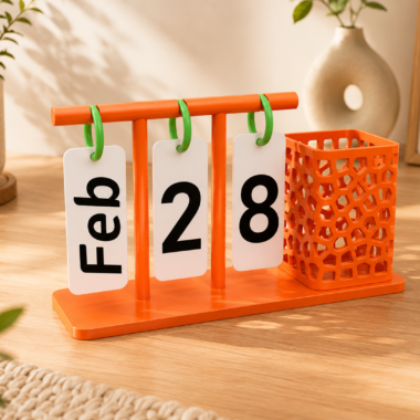 Personalized perpetual desk calendar, 3D-printed in Dubai, with orange and green accents.