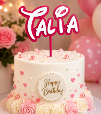 Personalized Layered Name Cake Topper with "Talia" for birthday celebration.