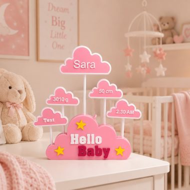 Personalized baby birth stats plaque in hot air balloon style with pink clouds and stars,