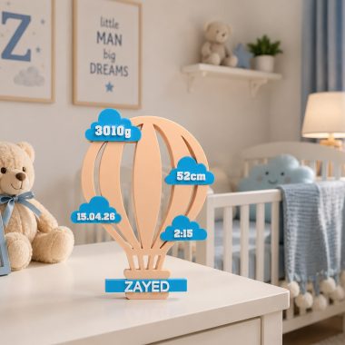 Personalized baby birth stats plaque in hot air balloon style, 3D printed in Dubai, with
