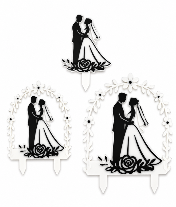3D printed wedding cake toppers, bride and groom designs, floral accents.