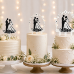 Forjolie wedding couple silhouette cake topper on tiered white wedding cakes