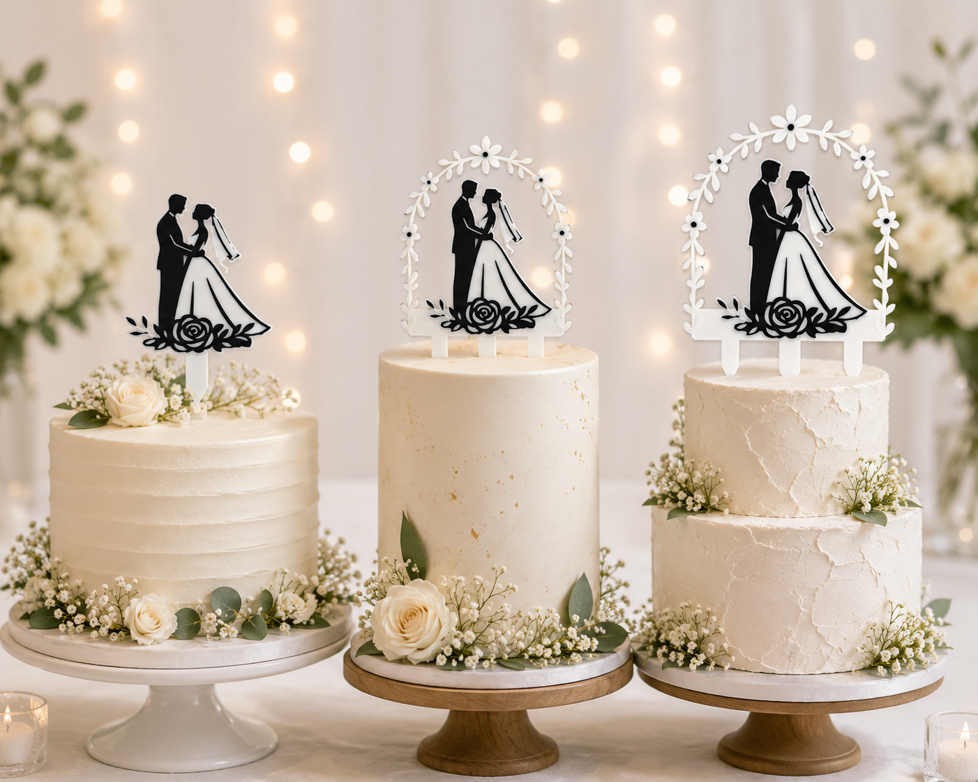 3D printed wedding cake toppers set, bride and groom designs with floral accents.