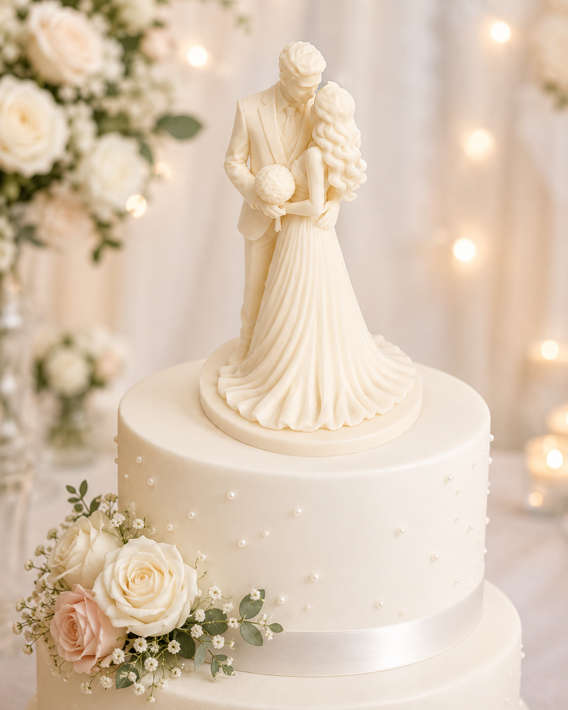 Elegant bride and groom cake topper on wedding cake, 3D printed keepsake.
