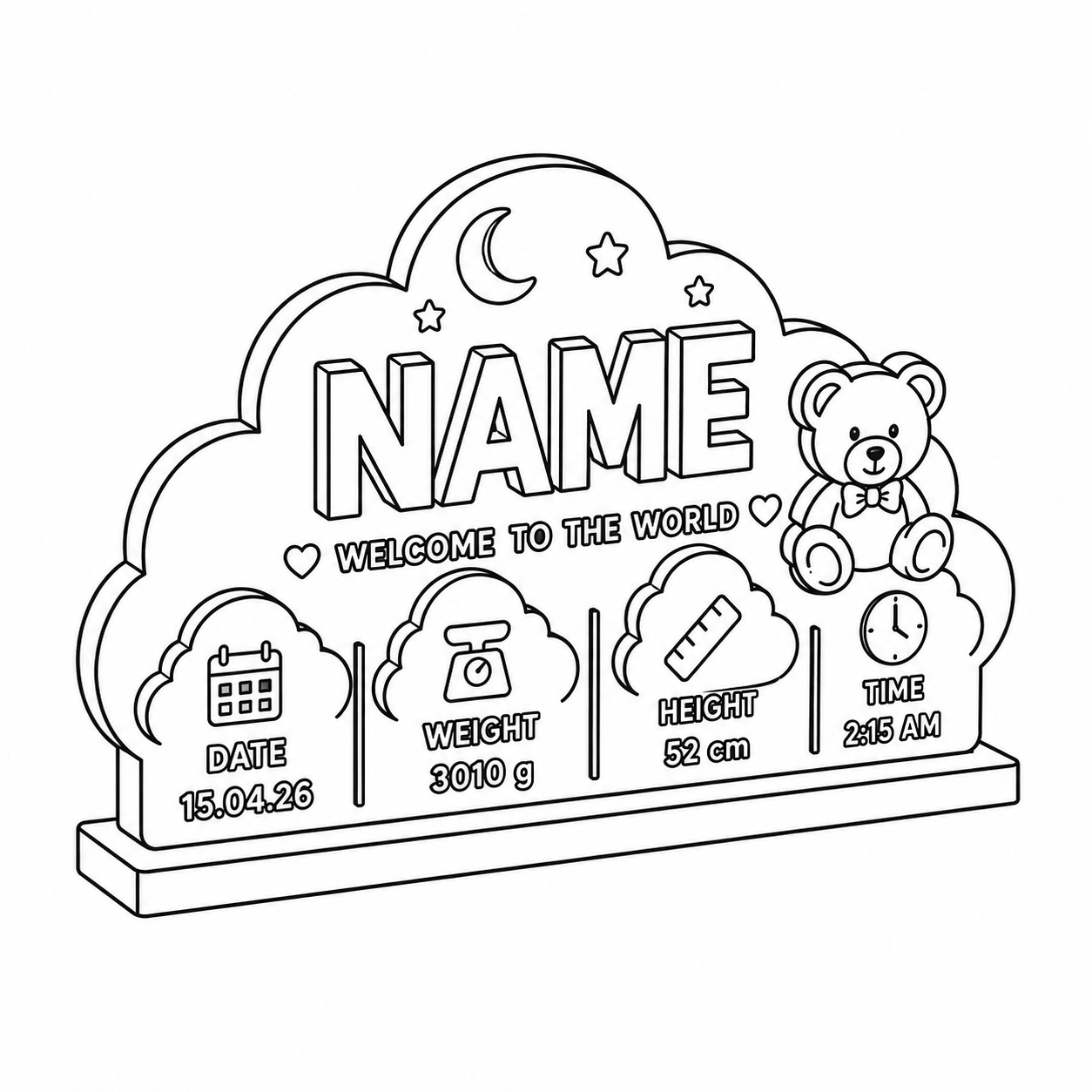 Personalized Baby Birth Sign with name, date, weight, and time details, handcrafted in Dubai.