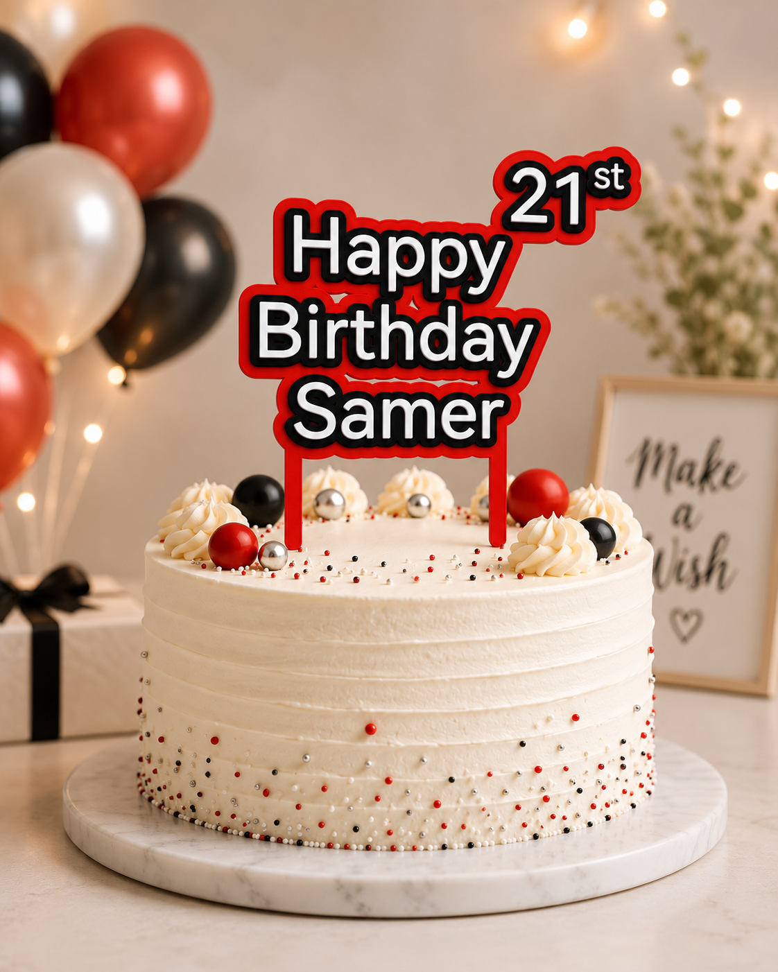 Personalized birthday cake topper with "Happy Birthday Samer" and "21st" design, 3D printed in Dubai.