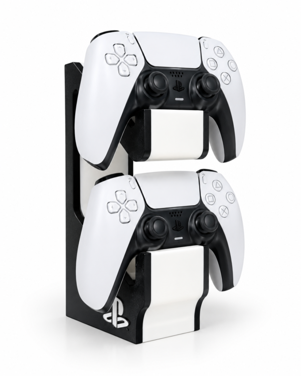 PS5 Dual Controller Stand holding two PlayStation 5 controllers, 3D printed gaming accessory from Forjolie.ae