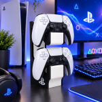Forjolie PS5 controller-shaped stands displayed on a gaming desk with blue RGB lighting