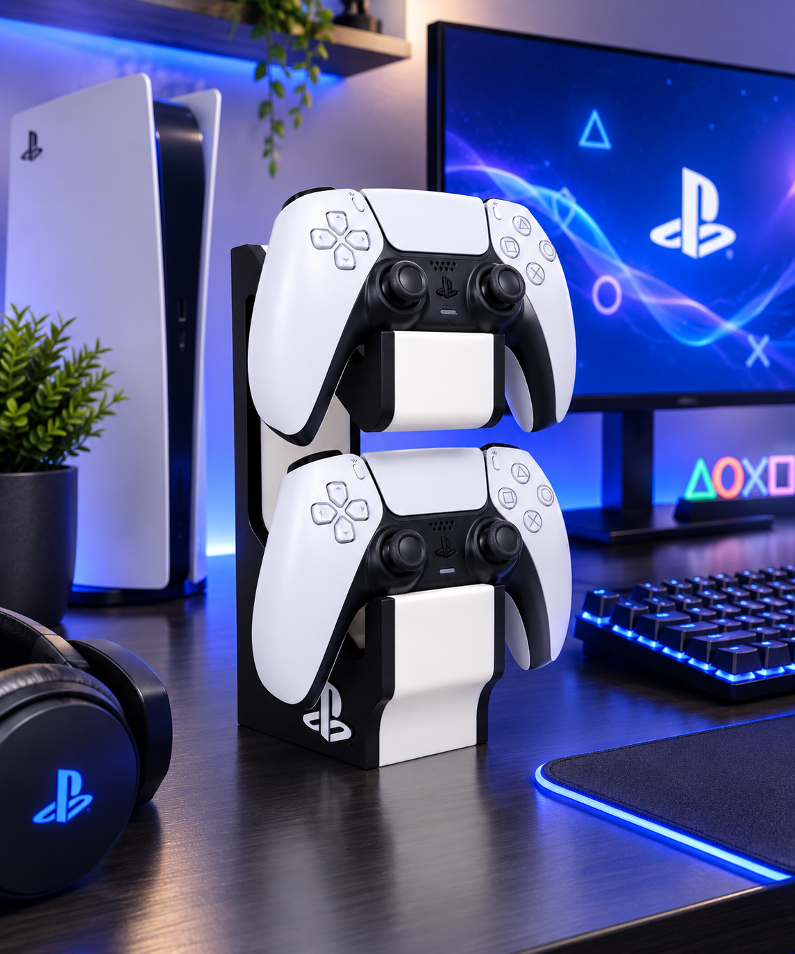 3D printed PS5 Dual Controller Stand holding two PlayStation 5 controllers, gaming accessory for organized