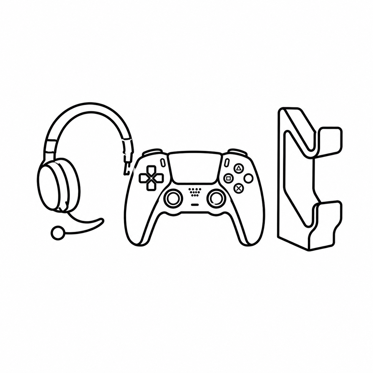 Gaming accessories including headset, PlayStation controller, and 3D printed game design.