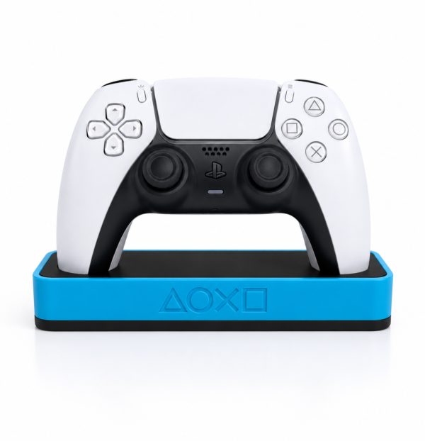 PS5 DualSense controller resting in a 3D printed dock, available in various colors from Forjolie
