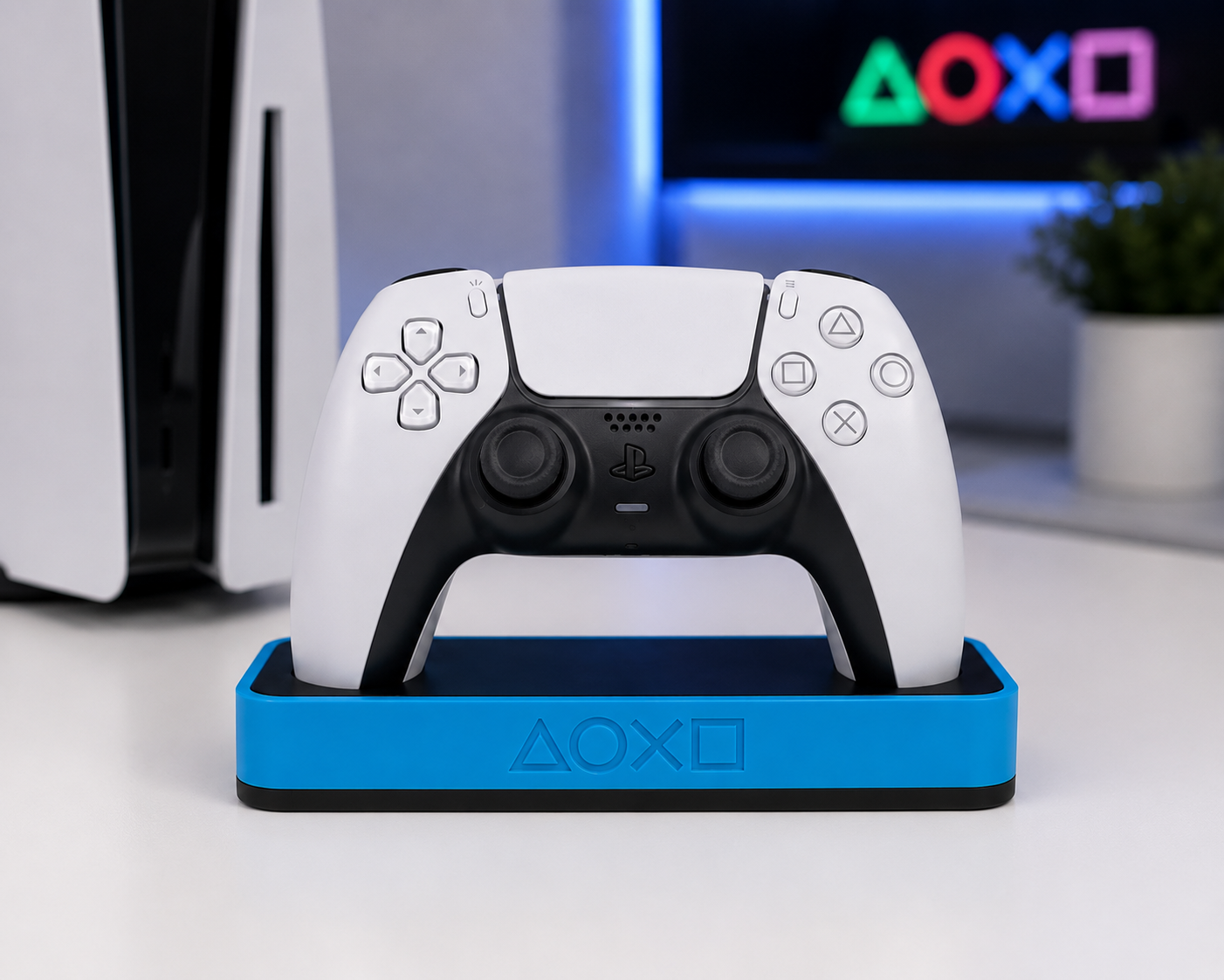 PS5 DualSense controller and dock in blue, 3D printed gaming accessory from Forjolie, Dubai.
