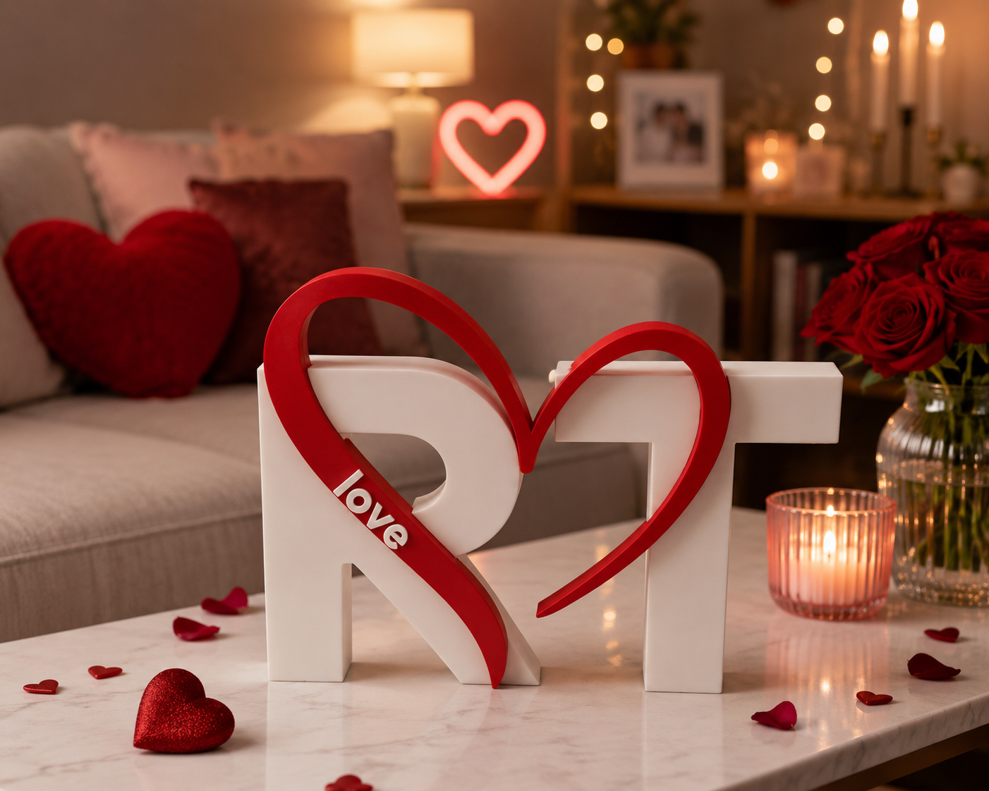 Personalized initial couple heart decor with "love" inscription, 3D printed keepsake for anniversaries and Valentine’s