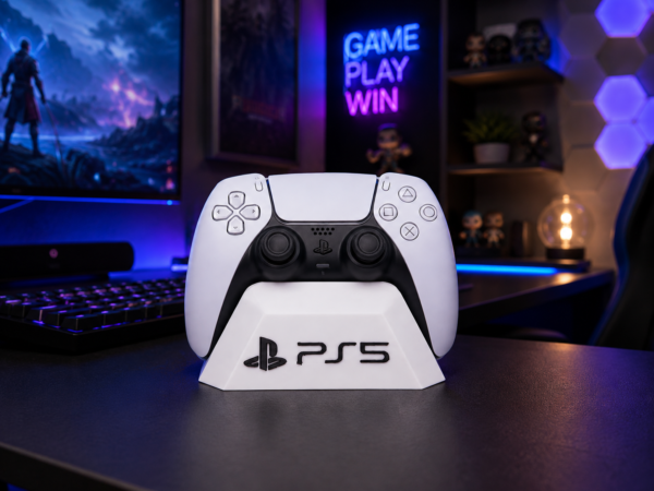 PS5 DualSense controller on 3D printed stand, customizable gaming accessory from Forjolie.ae