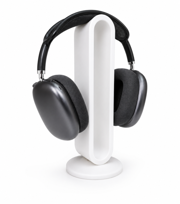 3D printed headphone stand displaying over-ear headphones, customizable color options.