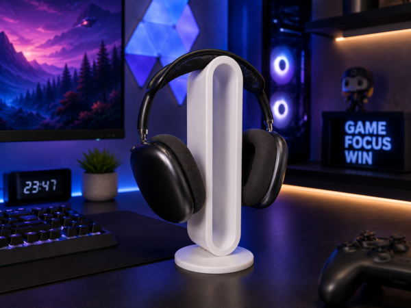 3D printed headphone stand displaying over-ear headphones, modern minimalist design, Dubai made accessory.