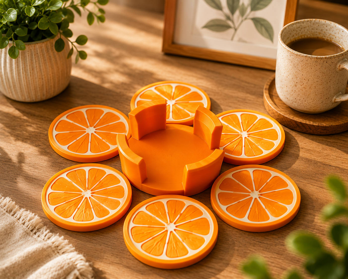 Orange slice coasters and holder, handmade in Dubai, citrus-inspired home decor.