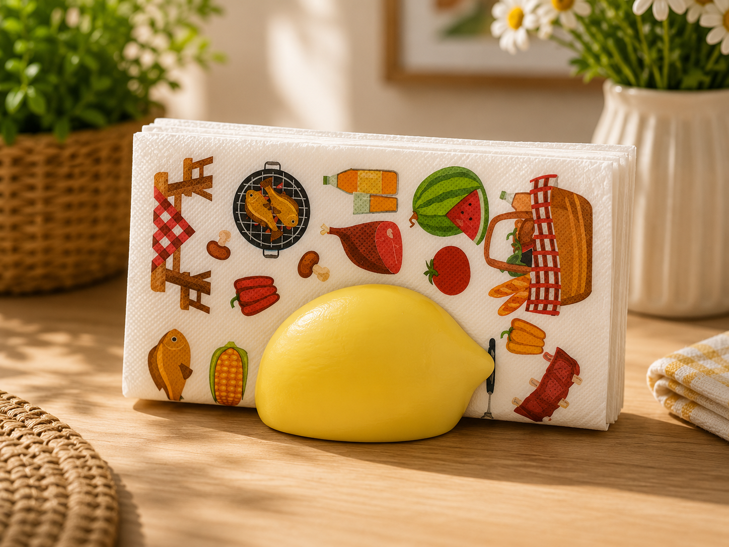 Lemon napkin holder with summer picnic design, handmade in Dubai.