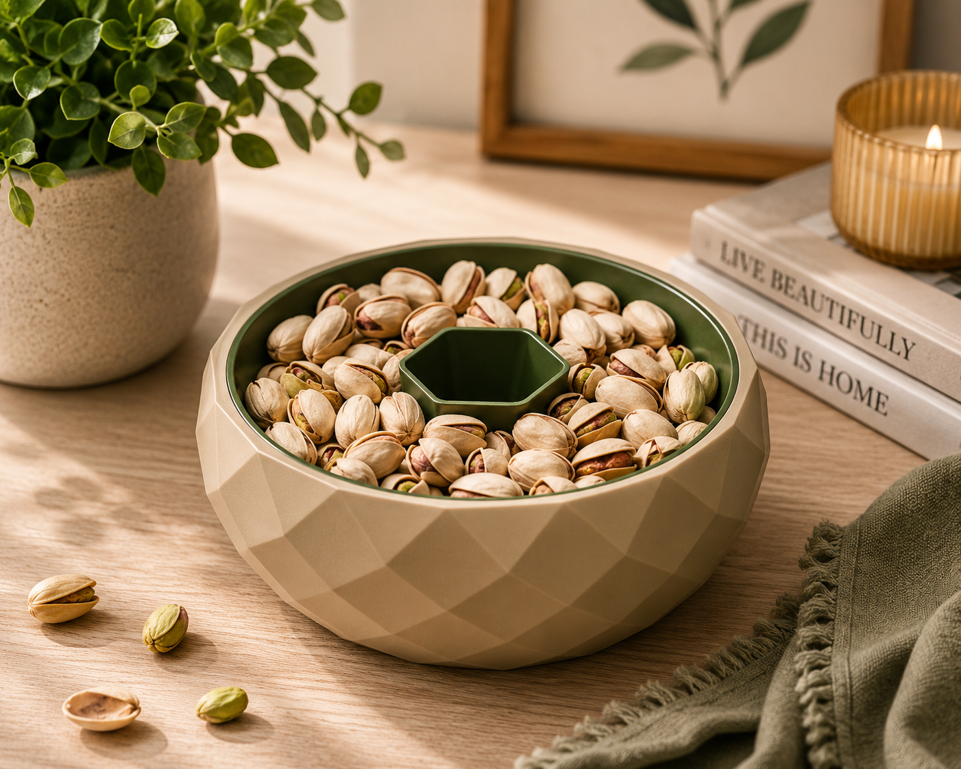 3D printed pistachio snack bowl with shell holder, modern geometric design, handmade in Dubai.