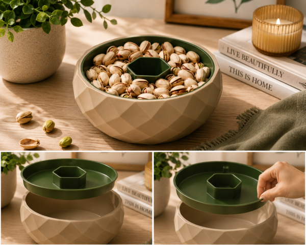 3D printed pistachio snack bowl with removable shell holder, handmade in Dubai.