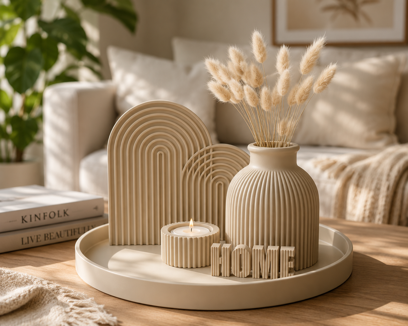 Modern 3D printed home decor set with vase, rainbow arch, candle holder, and decorative tray.