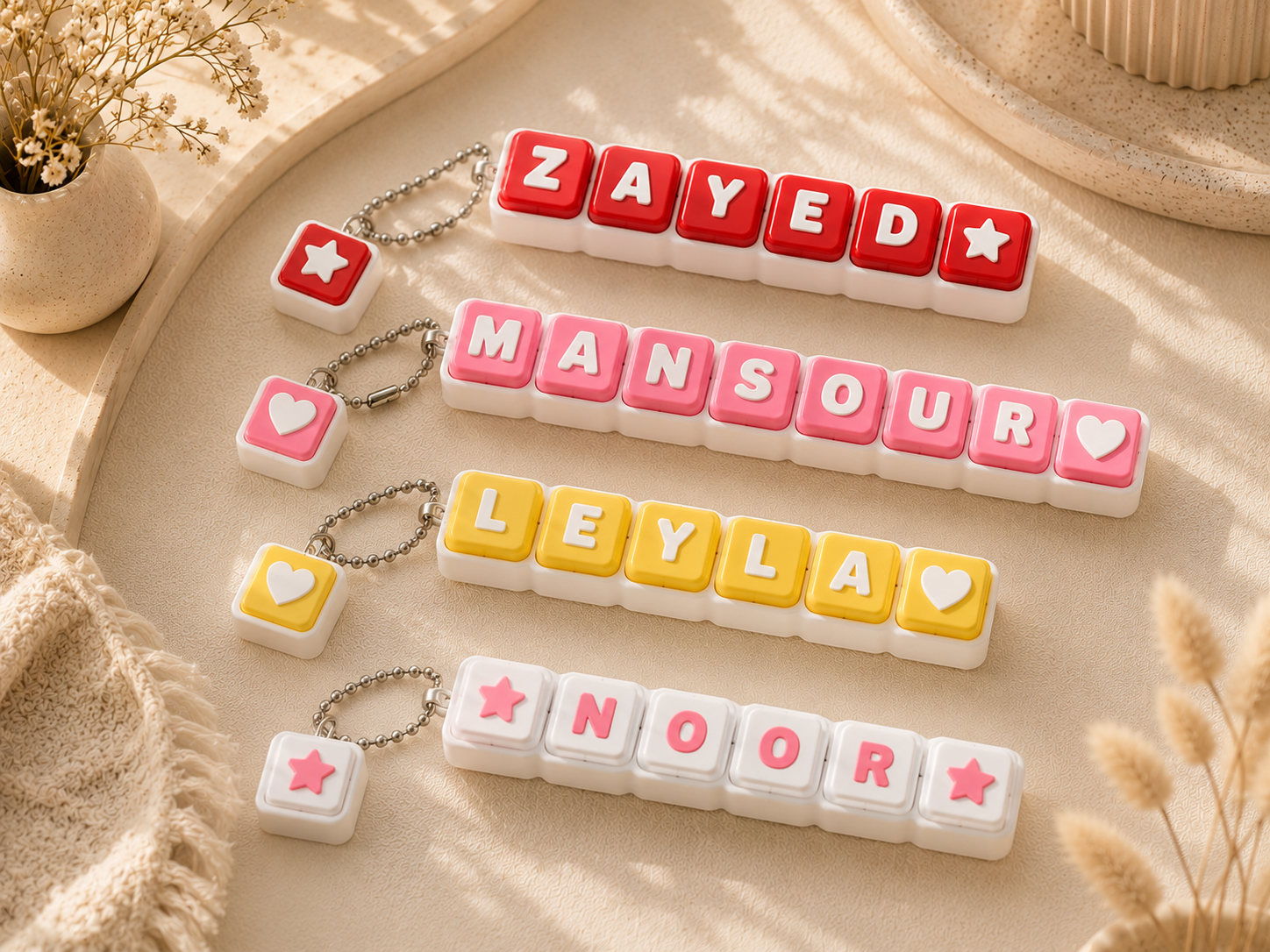 Personalized keycap clicker keychain with custom names and colors, 3D printed in Dubai.