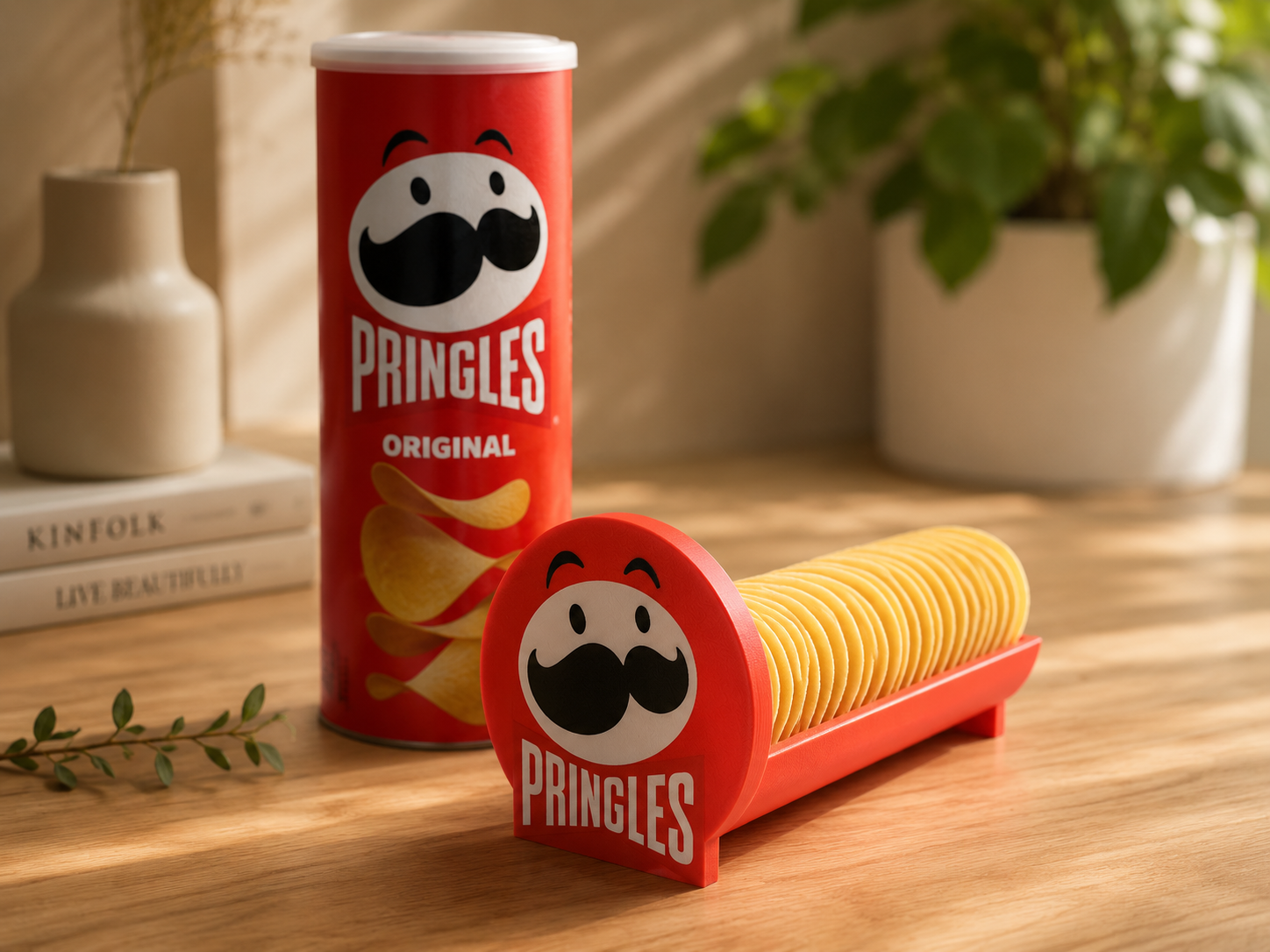 3D printed Pringles chip holder with original Pringles can, fun snacking accessory from Forjolie.